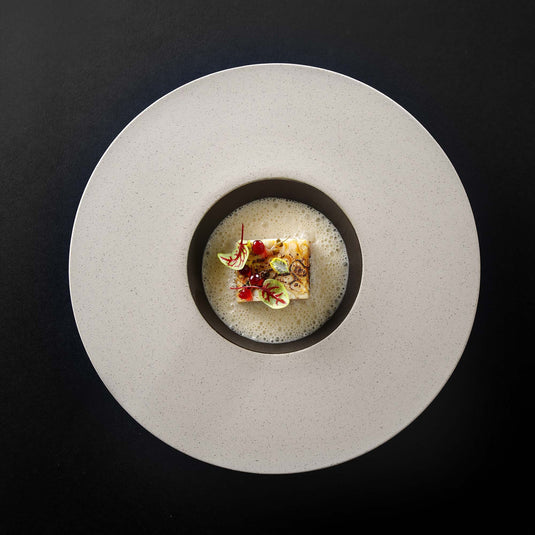 Fine Dine Takumi deep plate with wide rim, 300mm, showcasing its elegant design and spacious dinnerware for serving and presentation.