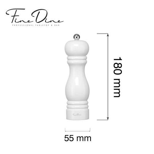 White Fine Dine Monolith salt mill with ceramic grinding mechanism, 180mm tall, showcasing its sleek design and grinding chamber.