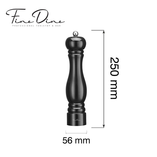 Black Fine Dine Monolith pepper mill with stainless steel grinding mechanism, 250mm tall, showing the sleek design and grinding details.