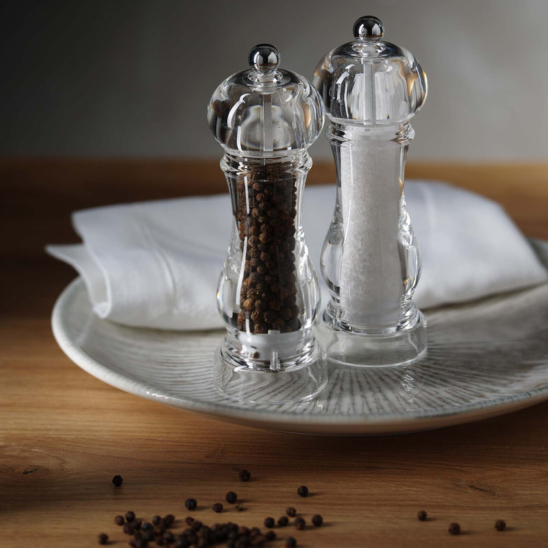 Load image into Gallery viewer, Claro acrylic pepper mill set by Fine Dine, 150mm tall, showing clear acrylic body and adjustable grinding mechanism.
