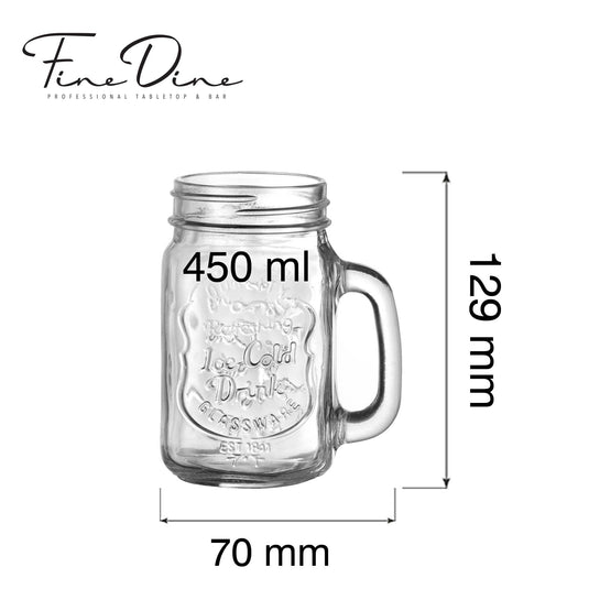 Fine Dine 450ml glass jar with handle, clear storage jar with a sturdy handle for easy pouring and serving.
