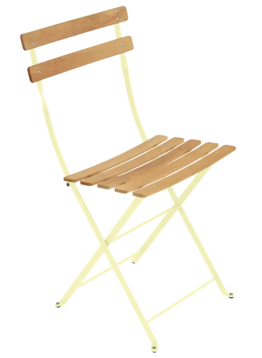 Fermob Bistro Natural folding chair with wooden seat and metal frame, ideal for outdoor dining and patio furniture.