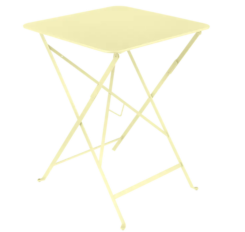 Load image into Gallery viewer, Bright yellow Fermob foldable bistro table with frosted lemon finish, 57x57 inches, ideal for outdoor café and patio use.
