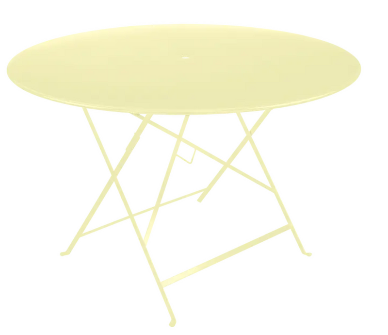 Load image into Gallery viewer, Bright yellow Fermob round bistro table with frosted lemon finish, 117cm diameter, outdoor metal six-seater dining table.
