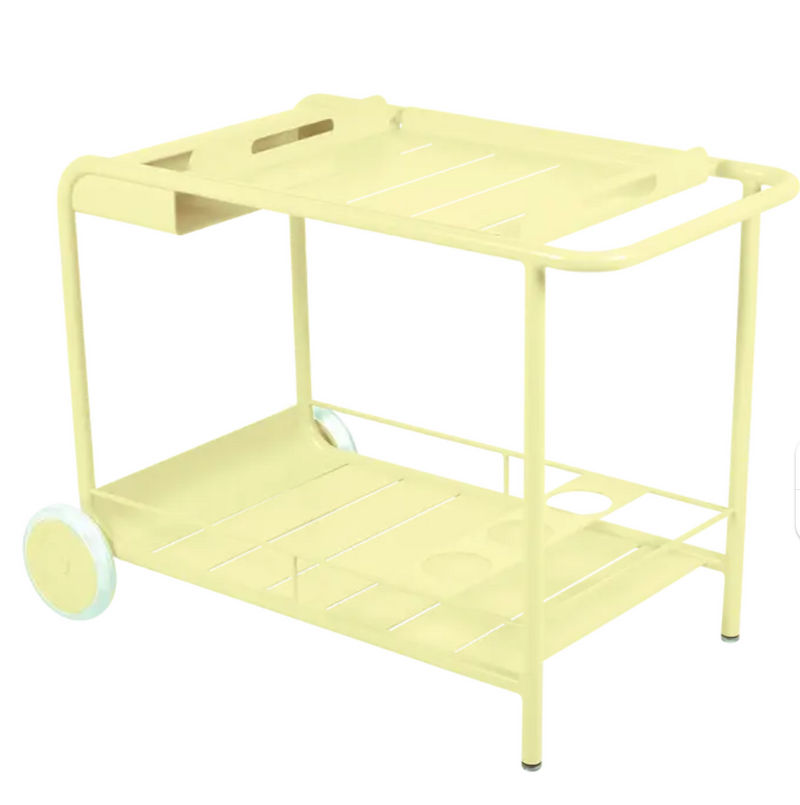 Load image into Gallery viewer, Fermob Luxembourg Side Bar trolley with frosted lemon finish, mobile table designed for restaurant terrace drinks service.

