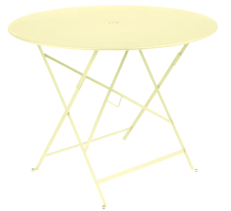 Load image into Gallery viewer, Fermob Bistro round table with frosted lemon yellow finish, outdoor metal design, 96cm diameter with a central parasol hole.
