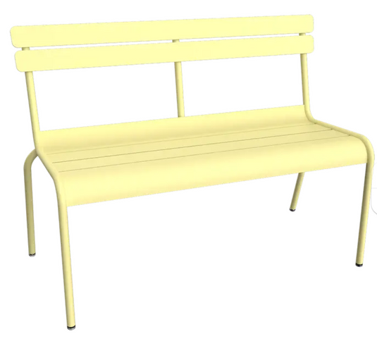 Fermob Luxembourg outdoor 2/3-seater bench with backrest, frosted lemon color, suitable for patio or hallway seating.