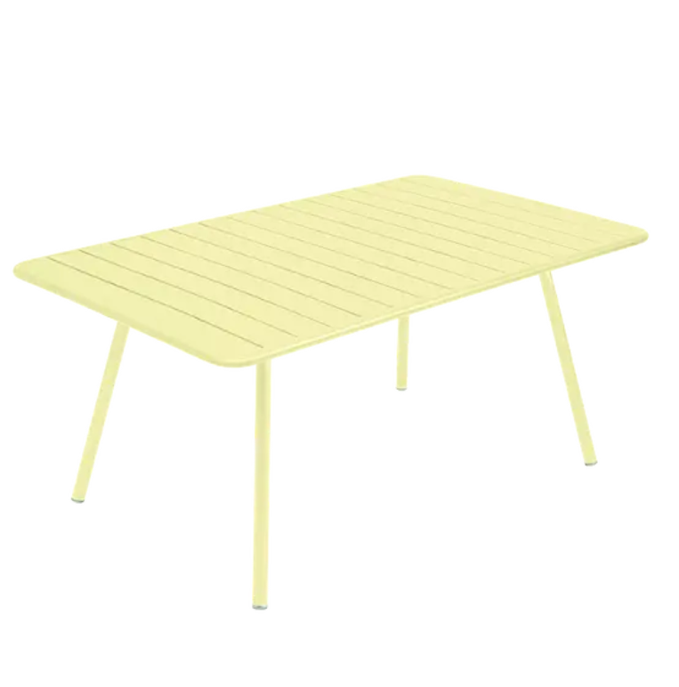 Load image into Gallery viewer, Fermob Luxembourg outdoor metal table, 165 x 100 cm, with frosted lemon finish, suitable for outdoor dining and patio spaces.
