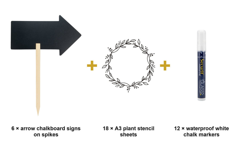 Load image into Gallery viewer, Garden Chalkboard Sign Set - 6 Arrow Chalkboard Signs on Spikes + Plants Stencils + Waterproof White Markers - what is in the set
