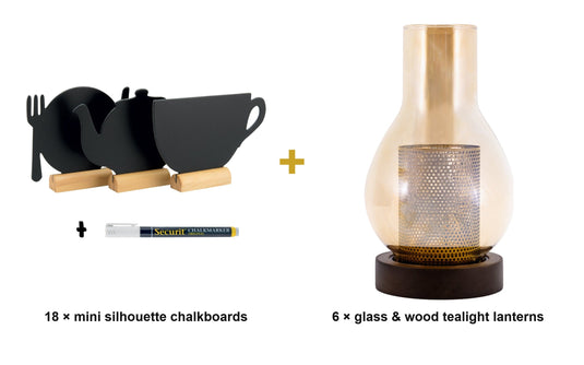 Garden Party Table Set - 18 Mini Silhouette Chalkboards + 6 Glass & Wood Tealight Lanterns - what is in the set