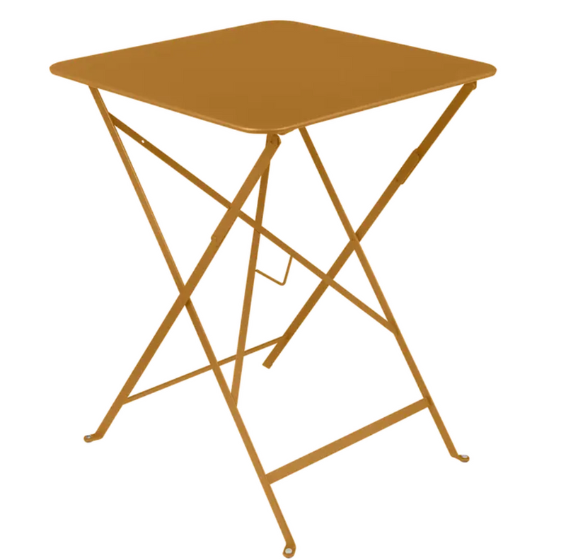 Load image into Gallery viewer, Fermob metal foldable bistro table in gingerbread color, 57x57 inches, designed for outdoor patio or cafe settings.
