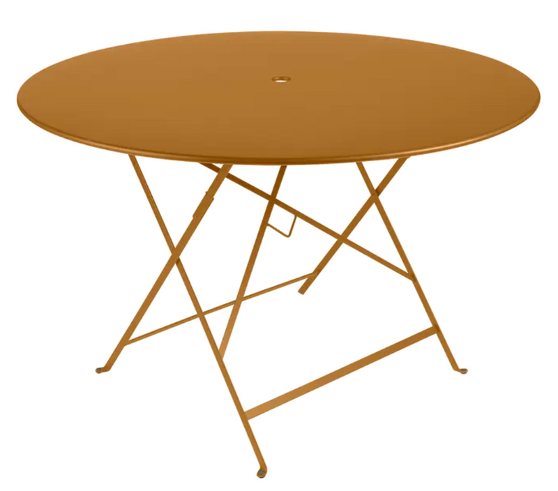 Load image into Gallery viewer, Fermob Bistro round outdoor dining table in gingerbread color, 117cm diameter, six-seater metal table for patio or garden.
