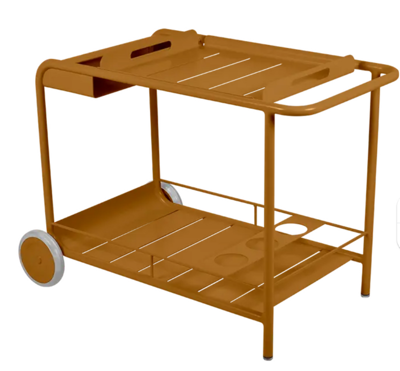 Load image into Gallery viewer, Fermob Luxembourg Side Bar Trolley with wheels for restaurant terrace, featuring a gingerbread finish and practical drink service design.
