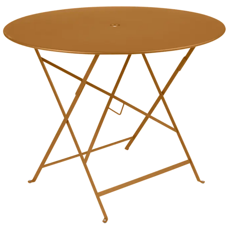 Load image into Gallery viewer, Fermob Bistro Round Table Ø 96 in deep brown metal with parasol hole, ideal for outdoor restaurant or patio use.
