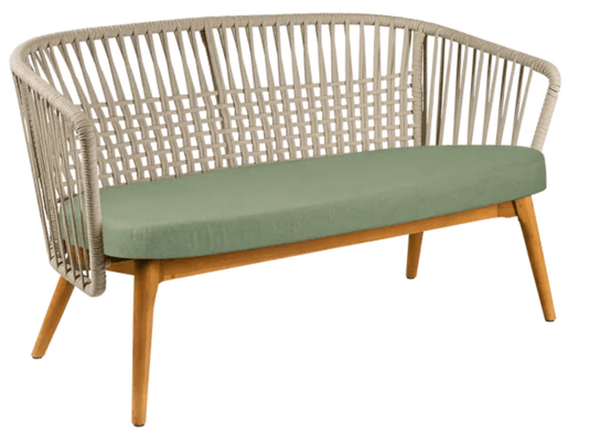 Fermob GORDES 2-seater teak outdoor sofa with beige almond and green plain weave cushions, perfect for outdoor seating