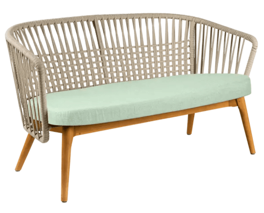 Fermob GORDES 2-Seater Teak Outdoor Sofa with beige, aqua green, and plain weave cushions on a teak frame.