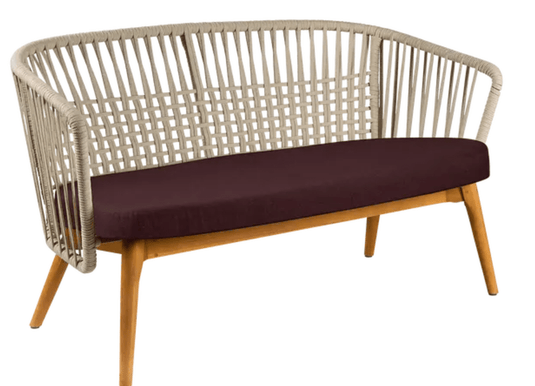 Fermob GORDES 2-seater teak outdoor sofa with beige plain weave fabric, designed for stylish outdoor lounging.