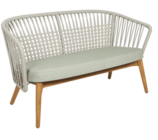Fermob GORDES 2-Seater Teak Outdoor Sofa with beige and meadow green woven cushions, ideal for outdoor seating.