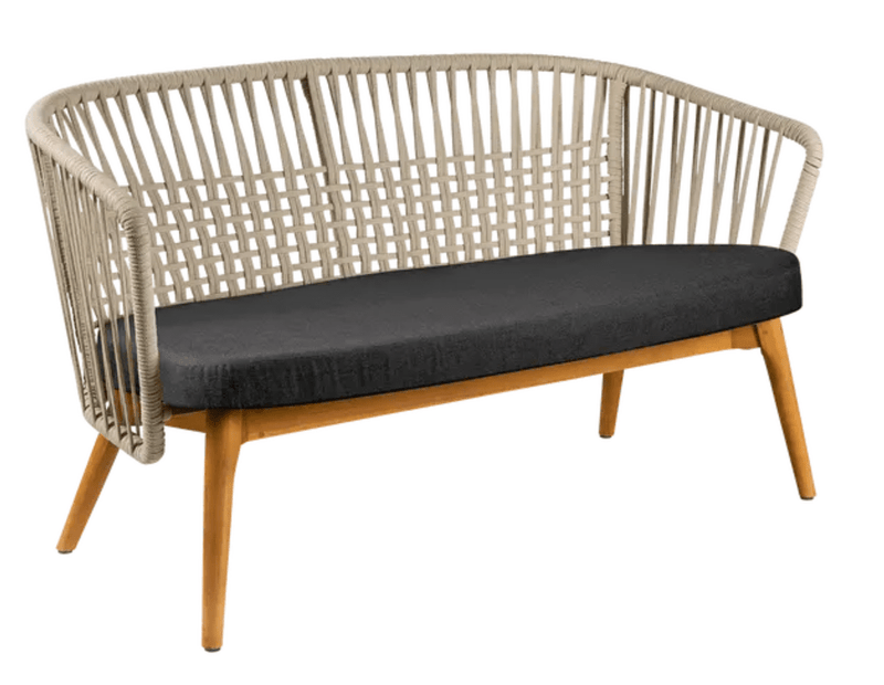 Load image into Gallery viewer, Fermob GORDES teak outdoor sofa, beige and night grey woven 2-seater with teak frame, suitable for outdoor seating.

