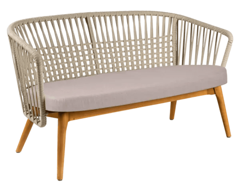 Load image into Gallery viewer, Fermob GORDES 2-seater teak outdoor sofa with beige Papyrus plain weave cushion, suitable for outdoor patio seating.
