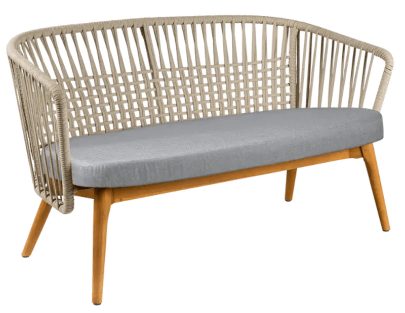 Load image into Gallery viewer, Beige Fermob GORDES 2-seater teak outdoor sofa with plain weave design, perfect for outdoor patio or garden seating.
