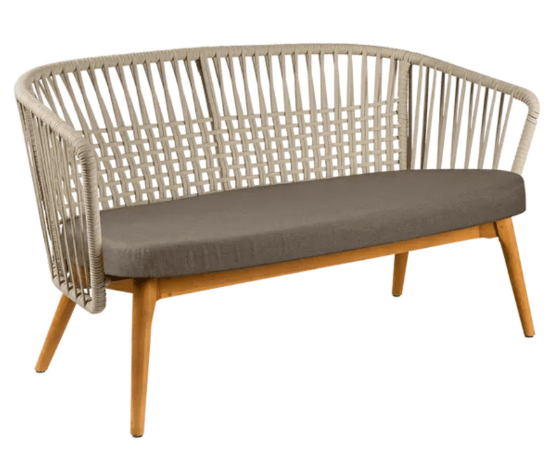 Load image into Gallery viewer, Fermob GORDES 2-seater teak outdoor sofa with beige and brown plain weave, designed for comfortable outdoor seating.
