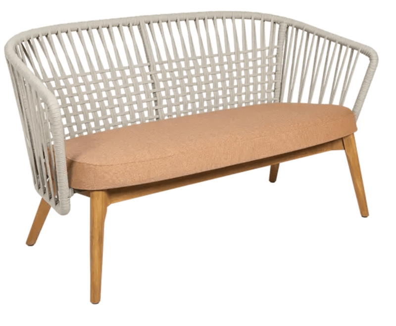 Load image into Gallery viewer, Fermob GORDES 2-Seater Teak Outdoor Sofa with beige and terracotta cushions, stylish teak wood frame for outdoor relaxation
