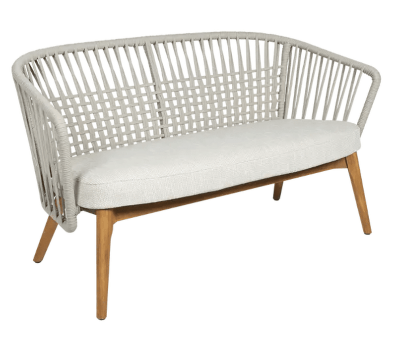 Load image into Gallery viewer, Fermob GORDES 2-Seater Teak Outdoor Sofa with beige wicker cushions, natural teak frame, suitable for outdoor patio seating
