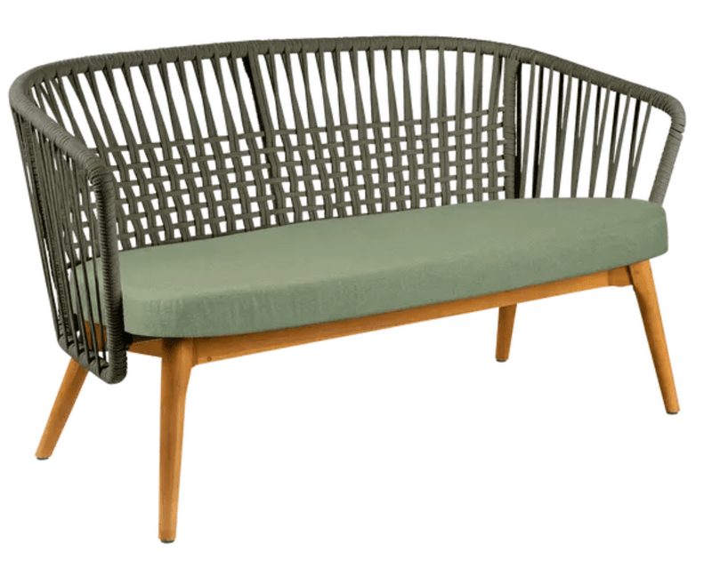 Load image into Gallery viewer, Fermob GORDES 2-seater teak outdoor sofa with khaki, almond, and green woven fabric cushions on a wooden frame.
