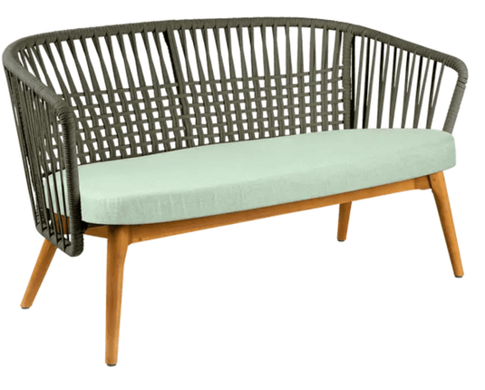Fermob GORDES teak outdoor 2-seater sofa with khaki, aqua, and green woven fabric, ideal for stylish outdoor seating.