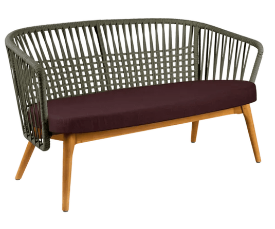 Fermob GORDES 2-Seater Teak Outdoor Sofa with khaki and garnet plain weave fabric, designed for comfortable outdoor lounging.