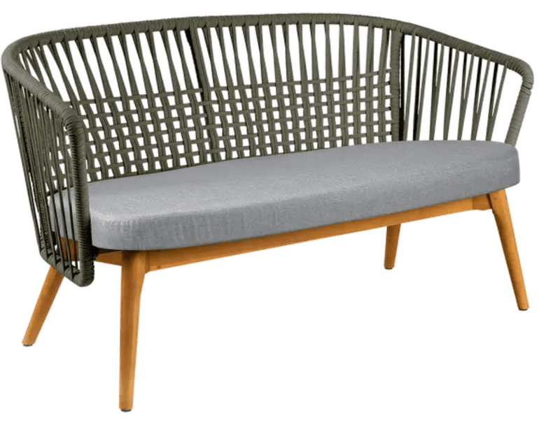 Load image into Gallery viewer, Fermob GORDES 2-Seater Teak Outdoor Sofa with khaki and light grey woven fabric, designed for outdoor patio seating.

