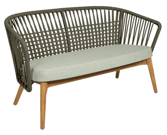 Fermob GORDES 2-Seater Teak Outdoor Sofa with khaki and meadow green woven fabric, suited for outdoor patio seating.