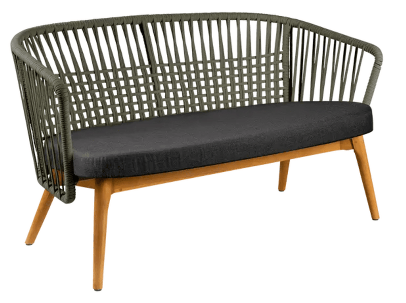 Load image into Gallery viewer, Fermob GORDES 2-seater teak outdoor sofa with khaki night grey plain weave fabric, ideal for outdoor patio seating.
