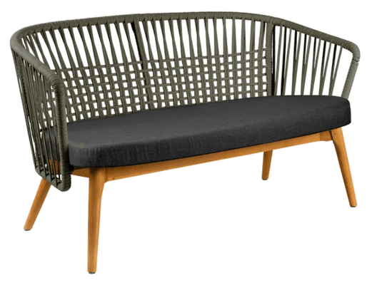 Fermob GORDES 2-seater teak outdoor sofa with khaki night grey plain weave fabric, ideal for outdoor patio seating.