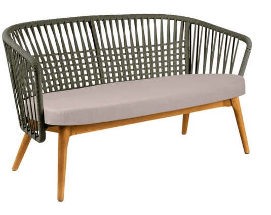 Fermob GORDES 2-Seater Teak Outdoor Sofa with khaki plain weave fabric, perfect for outdoor relaxation.