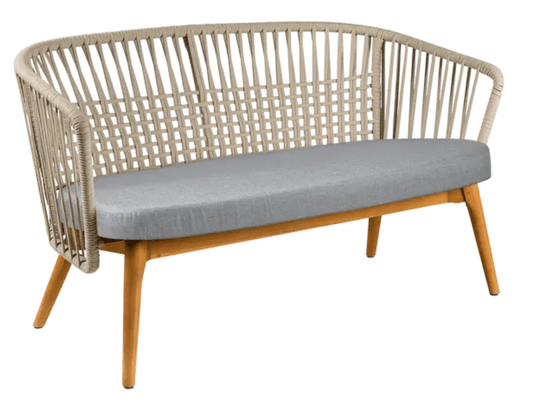 Fermob GORDES 2-seater teak outdoor sofa with khaki pebble plain weave, suitable for garden or patio seating.