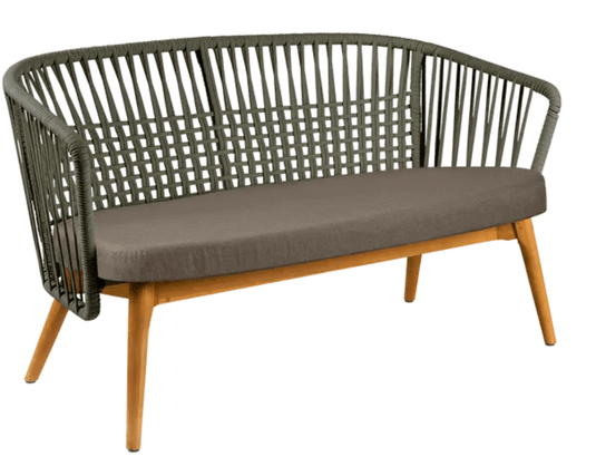 Fermob GORDES 2-Seater Teak Outdoor Sofa with khaki sisal brown plain weave, ideal for outdoor patio seating.