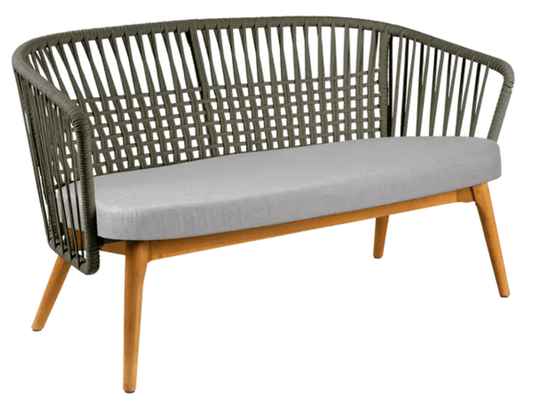Load image into Gallery viewer, Fermob GORDES 2-Seater Teak Outdoor Sofa with khaki steel gray woven fabric for stylish outdoor seating.
