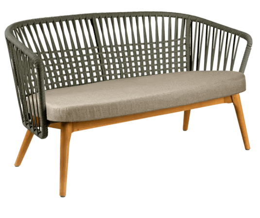 Fermob GORDES 2-seater teak outdoor sofa with khaki twine weave and plain design, ideal for stylish outdoor seating.