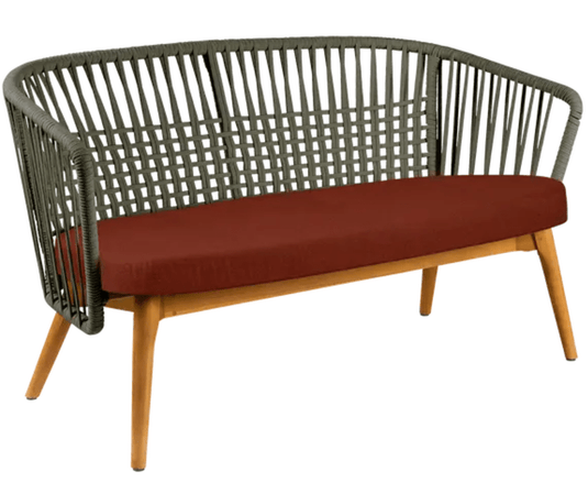 Fermob GORDES 2-seater teak outdoor sofa with khaki earthware woven fabric, designed for stylish outdoor relaxation.