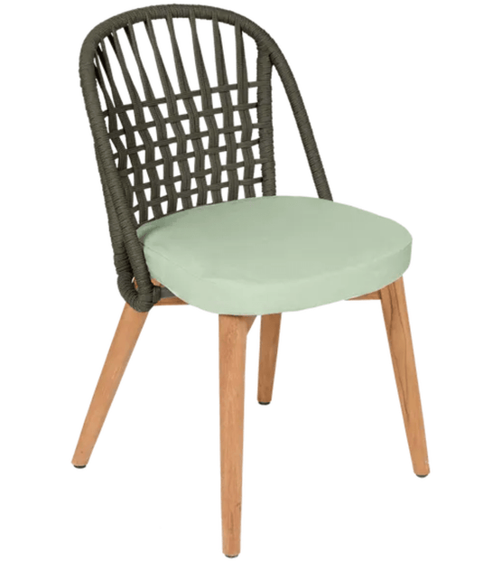 Fermob GORDES luxury teak outdoor chair with green rope backrest, khaki cushion, ideal for stylish restaurant or patio seating.