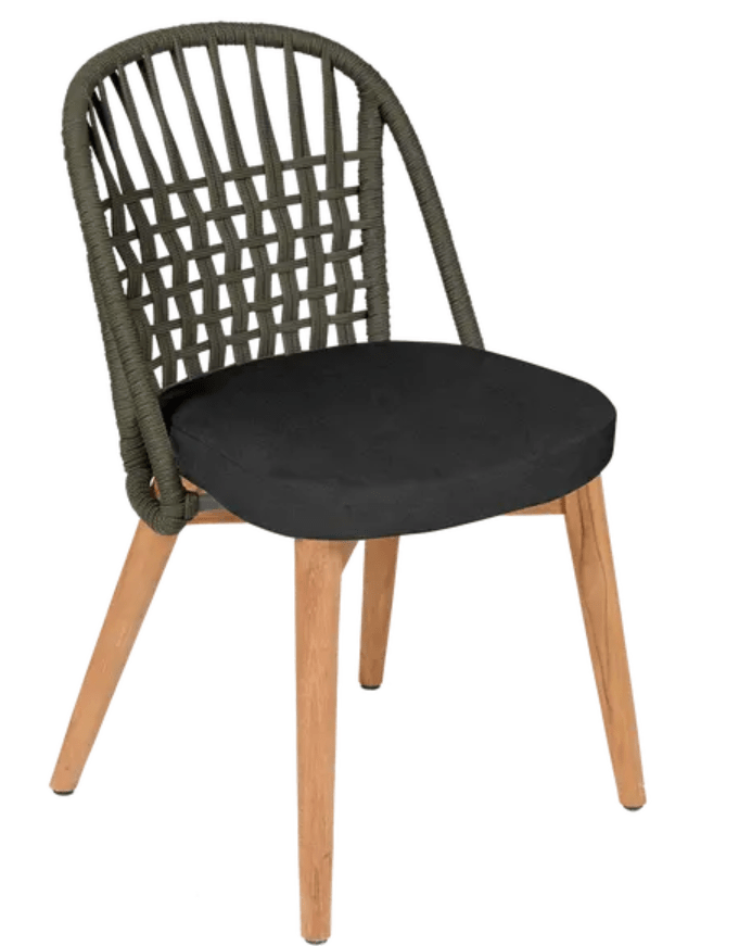 Load image into Gallery viewer, Fermob GORDES luxury teak outdoor chair with khaki fabric and rope backrest, ideal for stylish outdoor dining settings.
