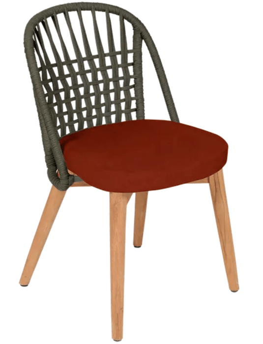 Fermob GORDES luxury teak outdoor chair with khaki finish and green rope backrest, perfect for stylish patio or restaurant seating.