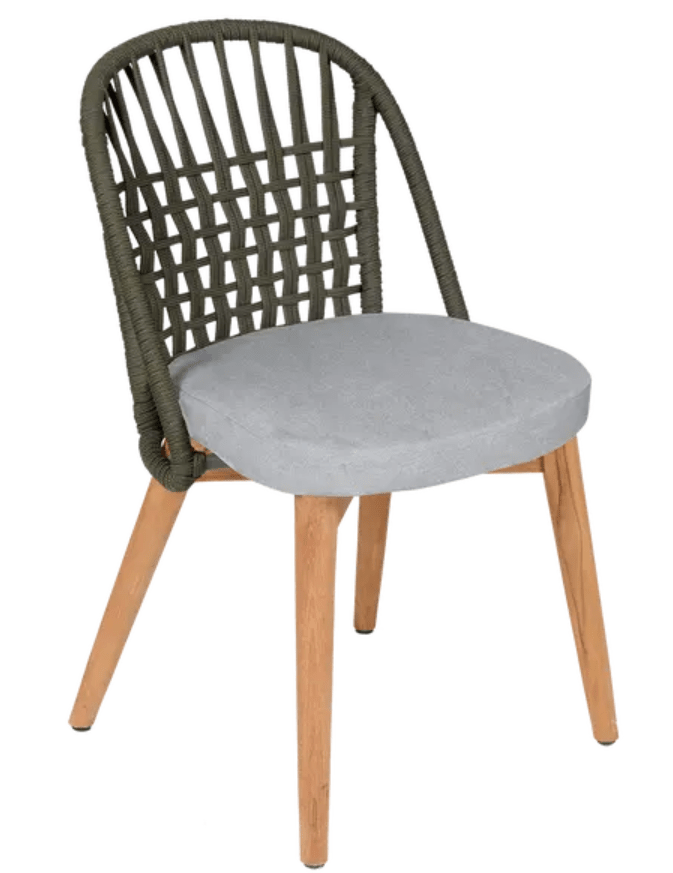 Load image into Gallery viewer, Fermob GORDES luxury teak outdoor chair with khaki and light grey finish, rope-backrest, ideal for stylish restaurant seating.
