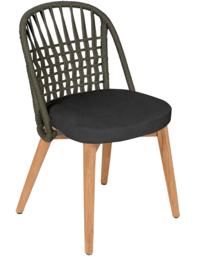 Load image into Gallery viewer, Fermob GORDES luxury teak outdoor chair with khaki, night grey, and green accents, featuring a rope backrest for outdoor dining.
