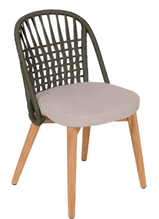 Load image into Gallery viewer, Fermob GORDES luxury teak outdoor chair with khaki Papyrus cushion and rope backrest, ideal for stylish outdoor dining.
