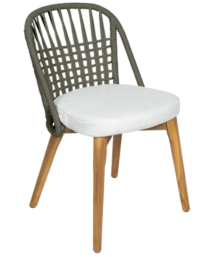 Load image into Gallery viewer, Khaki Fermob GORDES luxury teak outdoor restaurant chair with a rope backrest, ideal for stylish outdoor seating in Ireland
