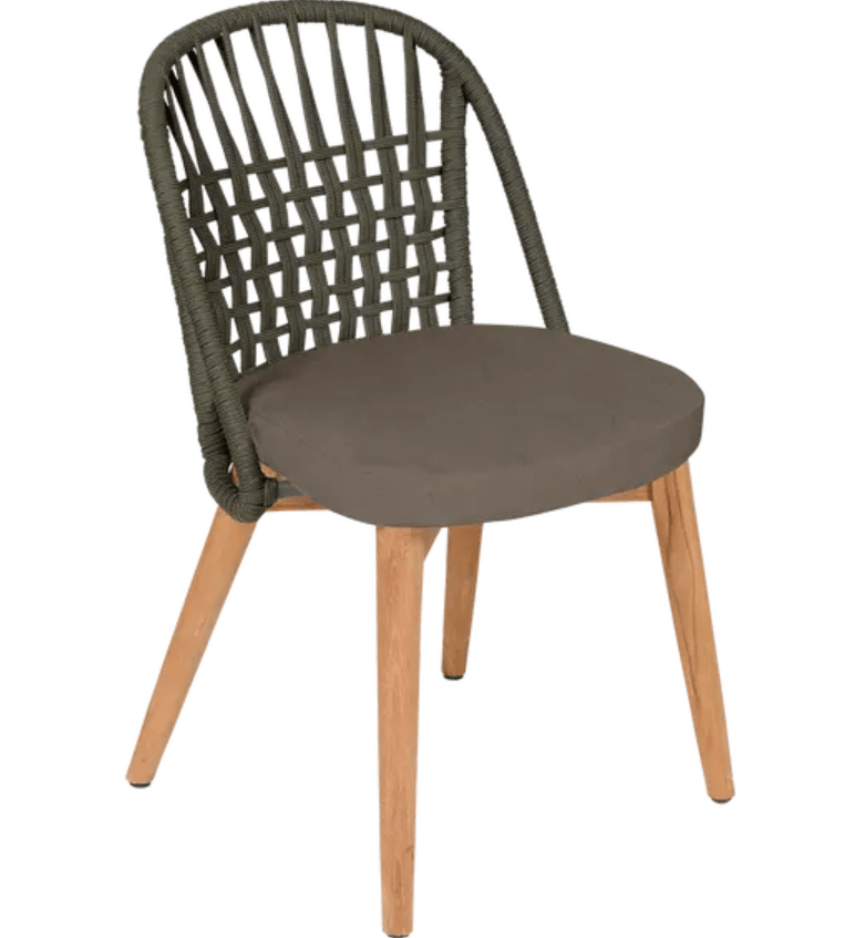 Load image into Gallery viewer, Fermob GORDES luxury teak outdoor chair with khaki and sisal brown cushions, featuring a green rope backrest for stylish outdoor seating.
