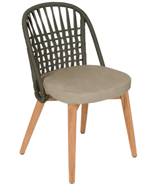 Fermob GORDES luxury teak outdoor chair with khaki twine rope backrest, designed for elegant outdoor dining and relaxation.